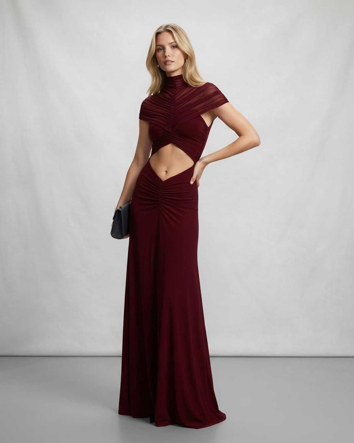 Veloura Maxi Dress by Lauven — polyester short sleeve stand collar flared hem maxi dress