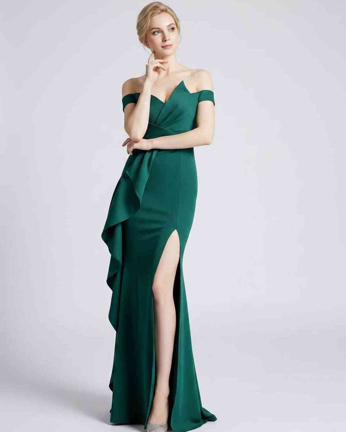 Veloura Maxi Dress by Lauven — polyester spandex off-the-shoulder mermaid maxi dress with slit