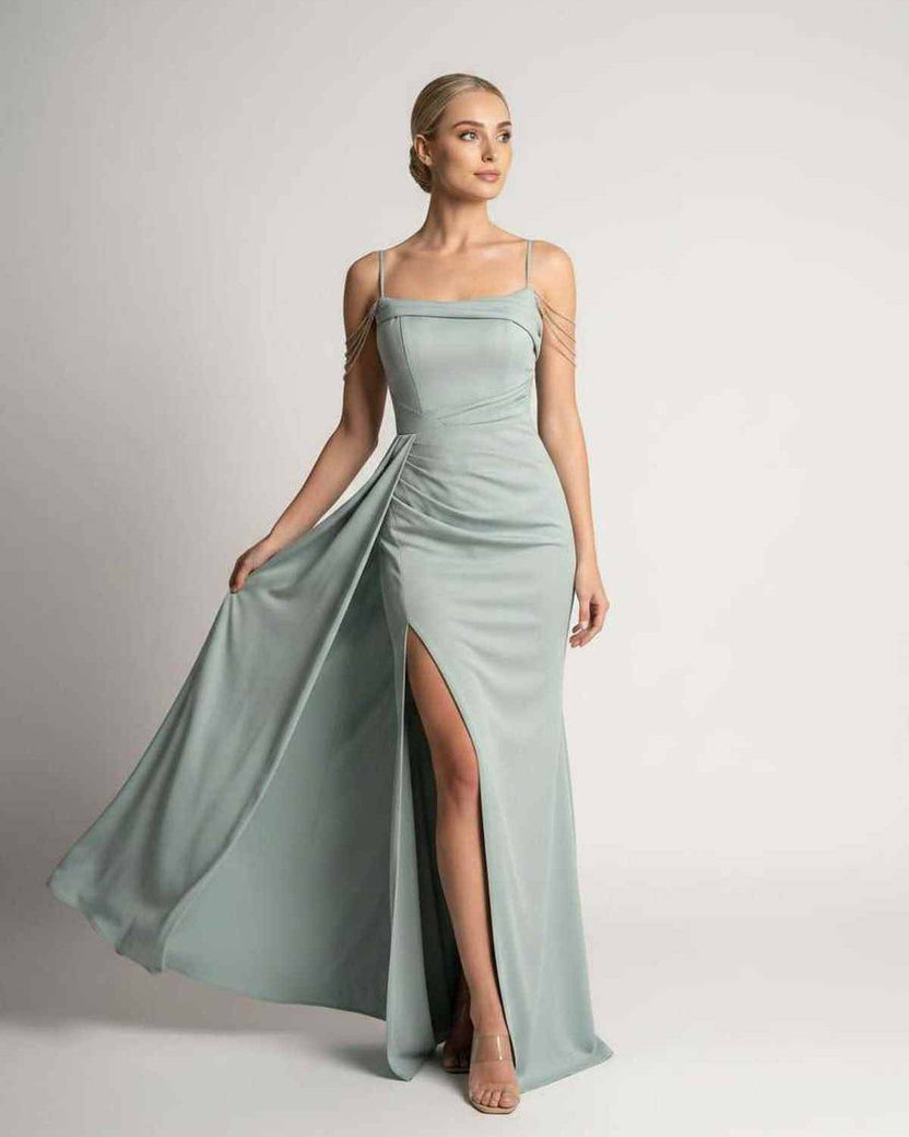 Celestia Maxi Dress by Lauven — polyester spaghetti strap mermaid maxi dress with beading and split