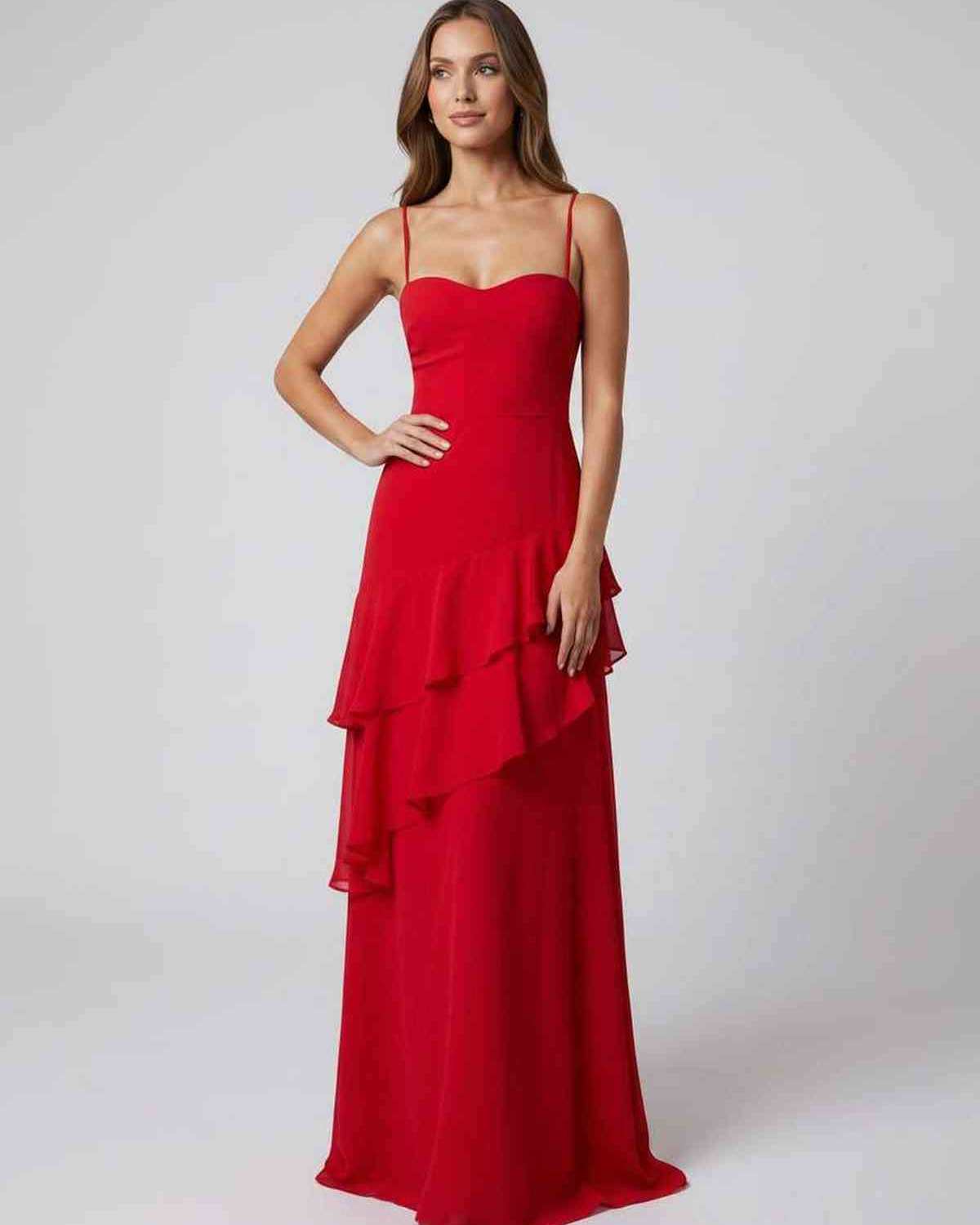 Rosette Maxi Dress by Lauven — polyester V-neck sleeveless bodycon maxi dress with layered ruffles