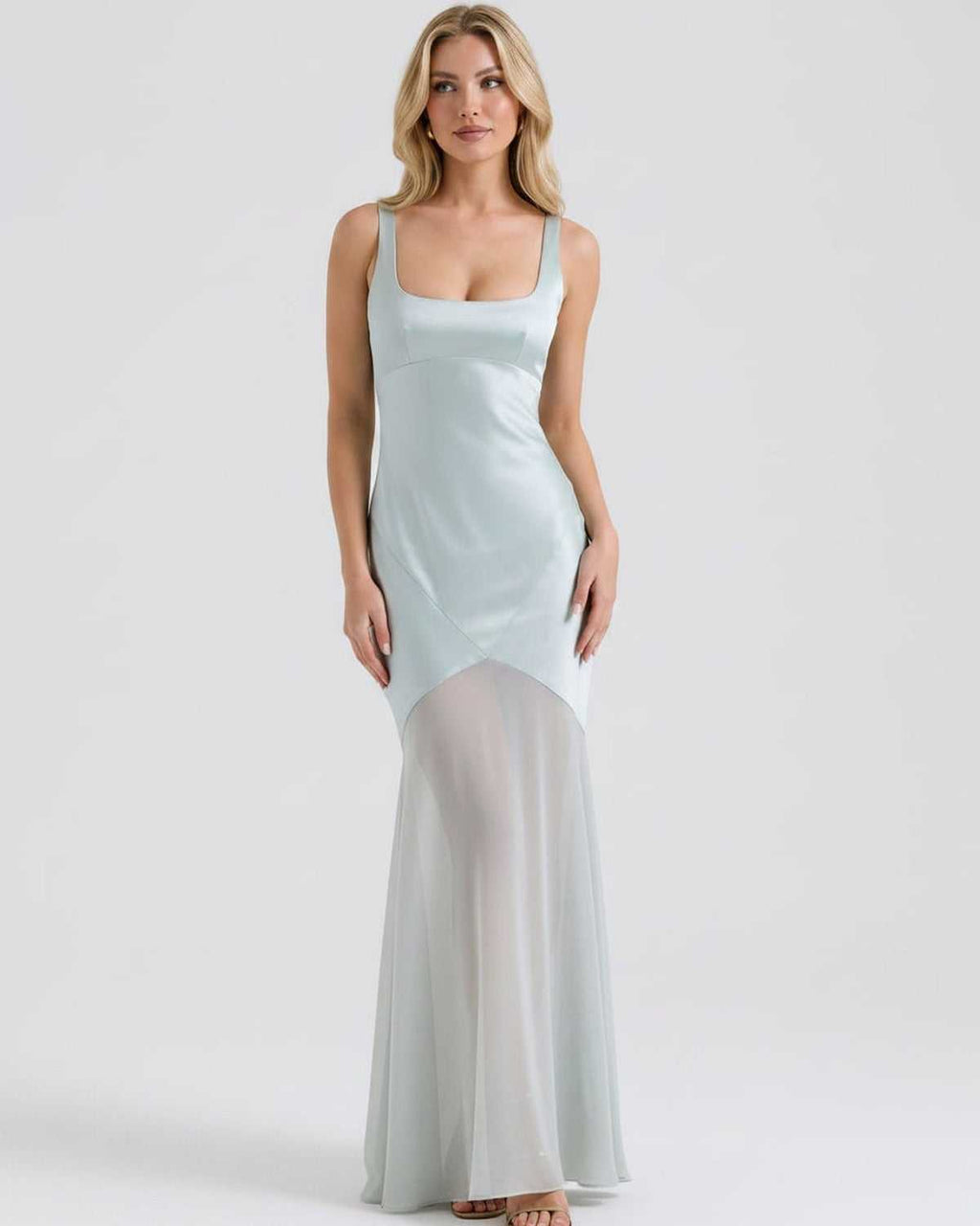 Lunelle Maxi Dress by Lauven — polyester square neck sleeveless slip maxi dress with satin chiffon detail