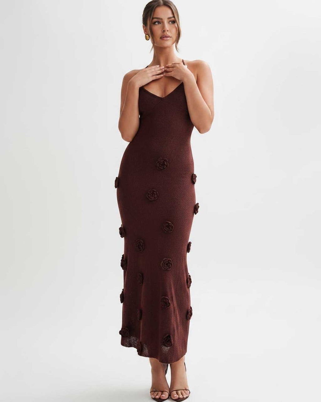 Rosette Maxi Dress by Lauven — textured polyester knit sleeveless V-neck floral maxi dress