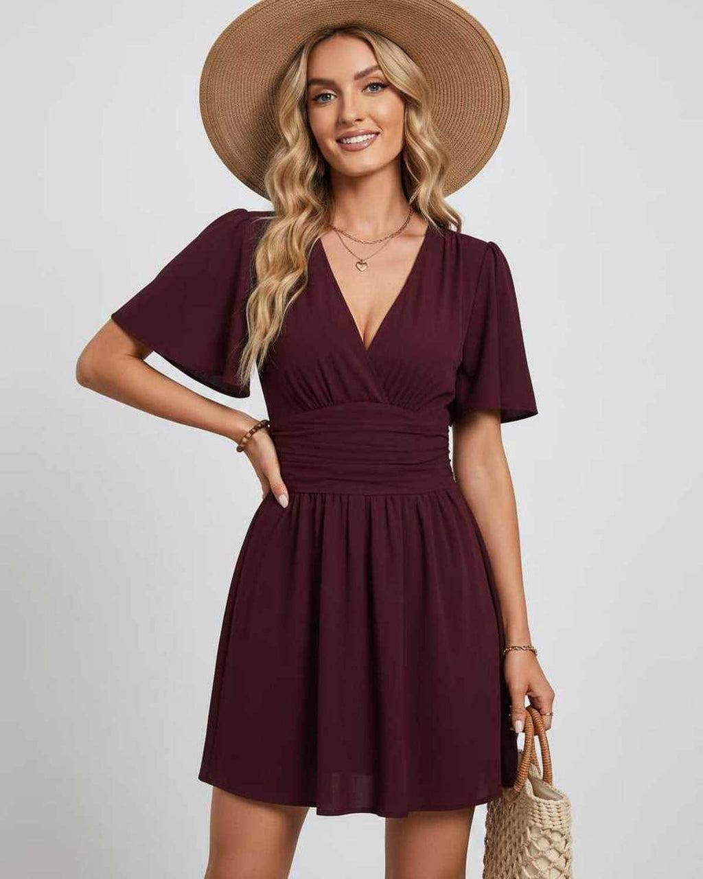 Calista Mini Dress by Lauven — chiffon ruffled short sleeve V-neck A-line mini dress