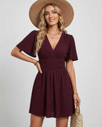 Calista Mini Dress by Lauven — chiffon ruffled short sleeve V-neck A-line mini dress