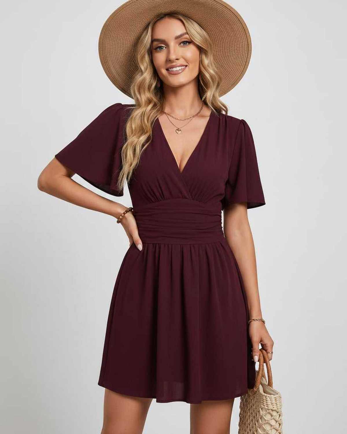 Calista Mini Dress by Lauven — chiffon ruffled short sleeve V-neck A-line mini dress