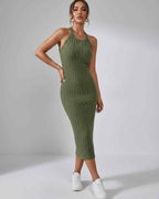 Lunara Midi Dress by Lauven — ribbed knit sleeveless crew neck slim-fit midi dress