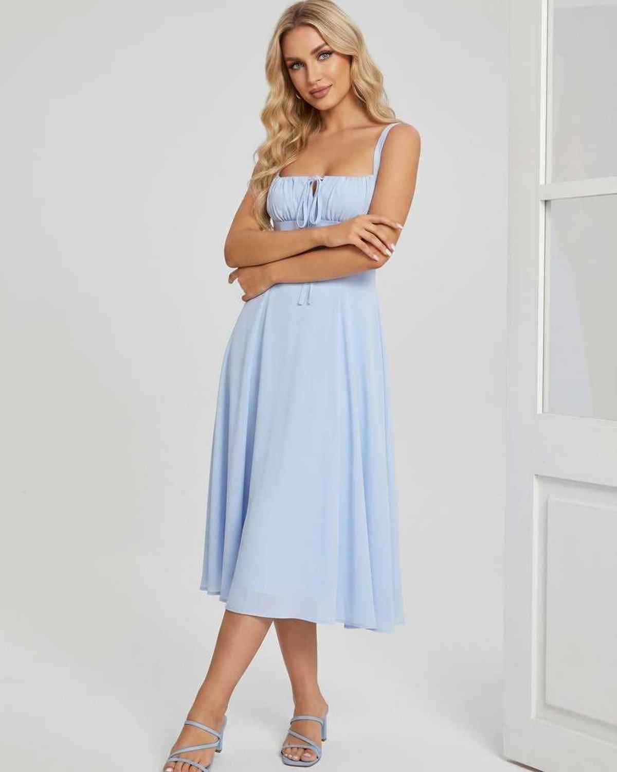 Serelune Midi Dress by Lauven — lightweight sleeveless square neck A-line midi dress