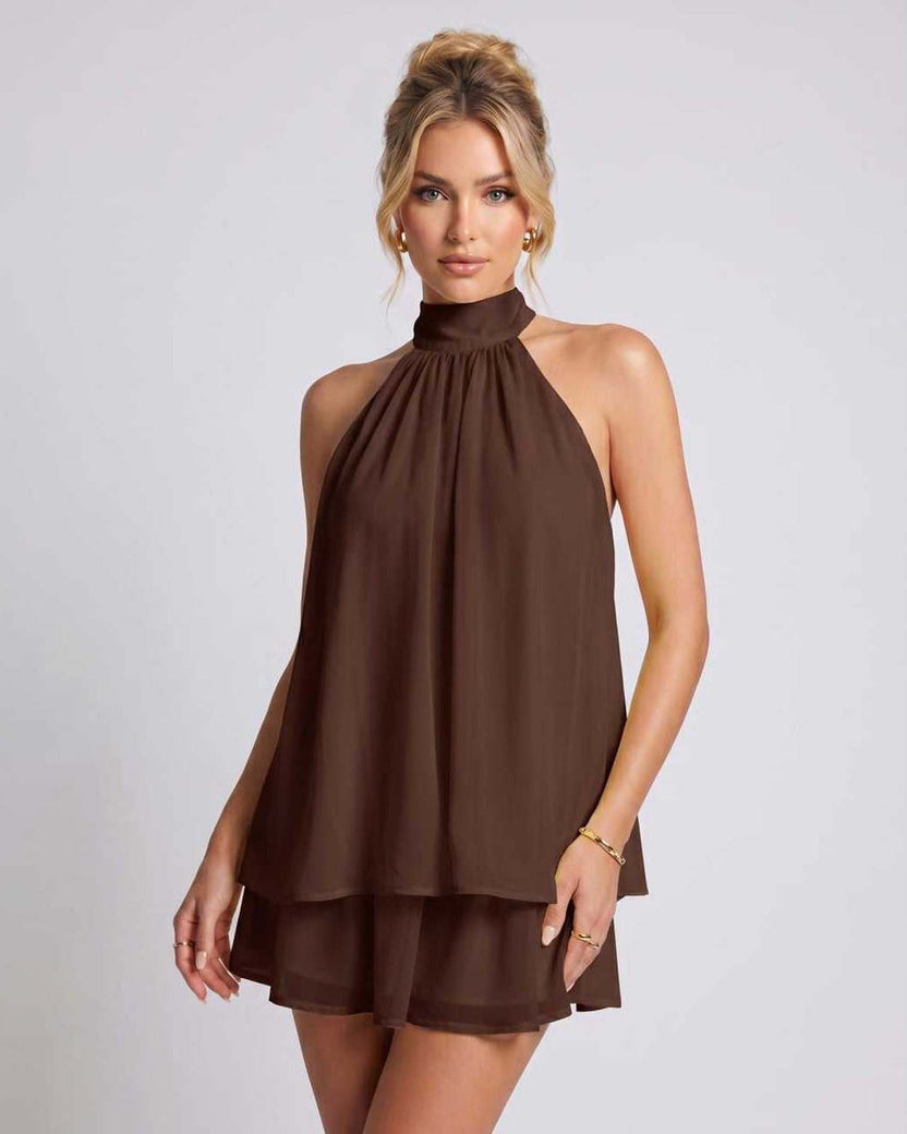 Celestia Mini Dress by Lauven — brown chiffon sleeveless halter neck mini dress