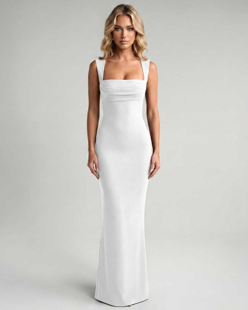Veloura Maxi Dress by Lauven — white stretch sleeveless square neck bodycon maxi dress