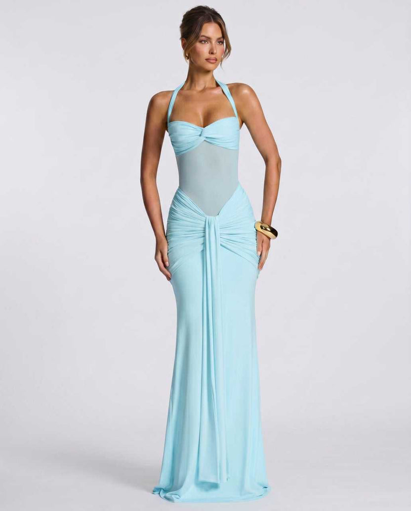 Solvane Maxi Dress by Lauven — blue stretch mesh sleeveless halter neck slim fit maxi dress