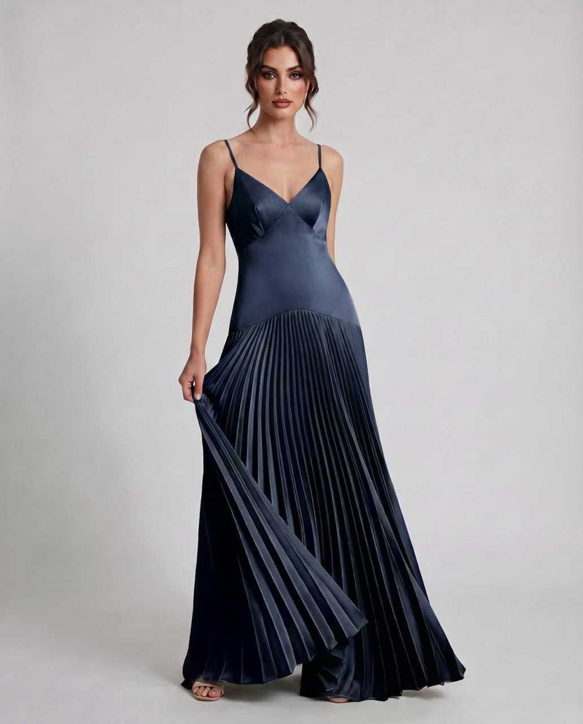 Veloura Maxi Dress by Lauven — navy satin spaghetti strap V-neck A-line maxi dress