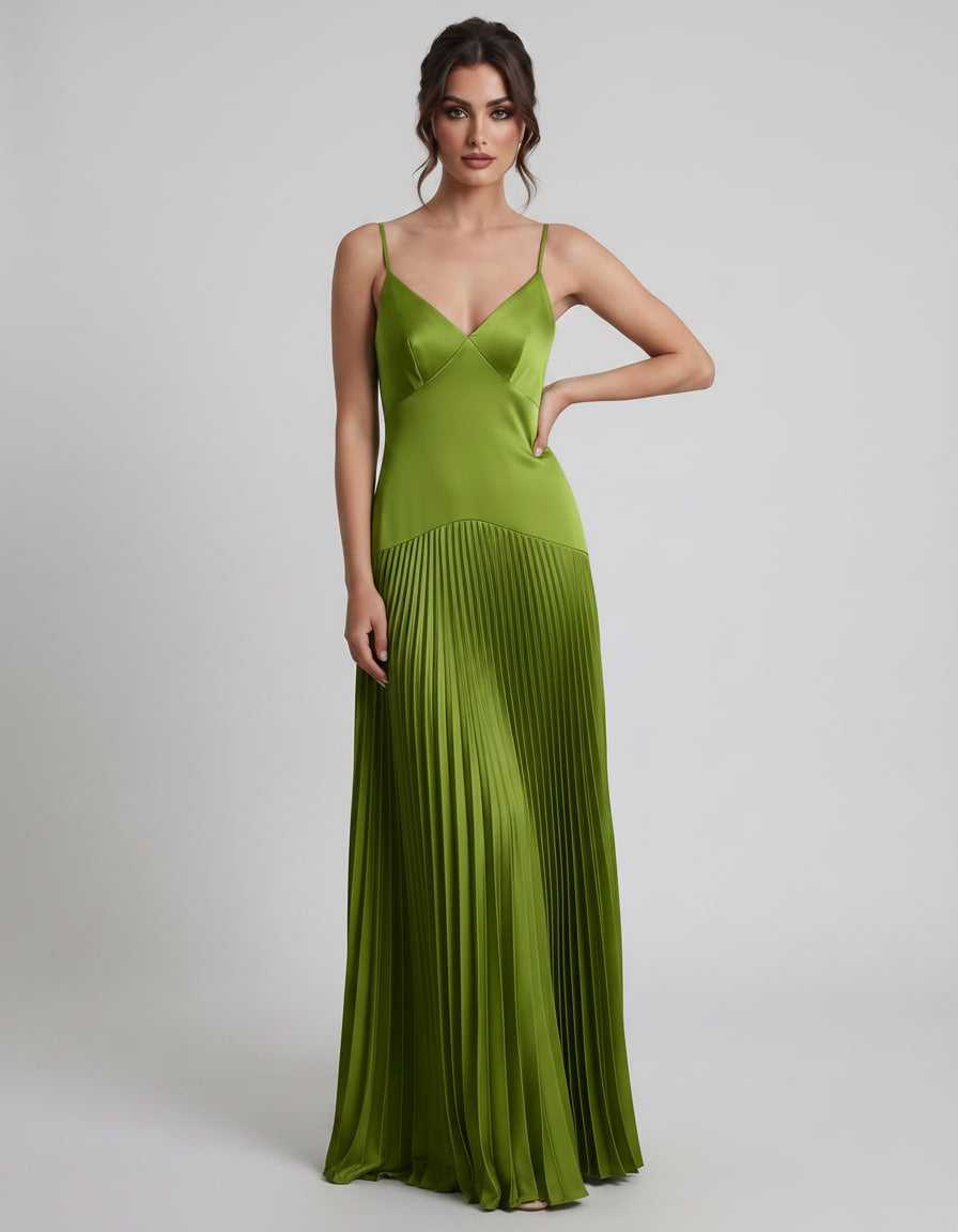 Veloura Maxi Dress by Lauven — satin spaghetti strap V-neck A-line maxi dress