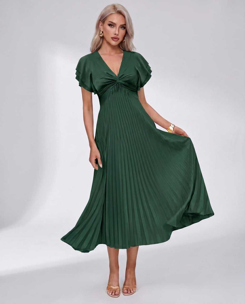 Veloura Midi Dress by Lauven — green pleated chiffon flutter sleeve V-neck A-line midi dress