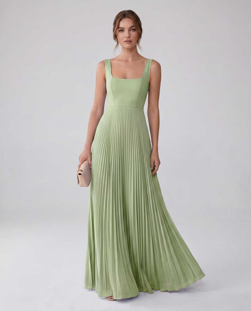 Veloura Maxi Dress by Lauven — sage green satin chiffon sleeveless square neck pleated A-line maxi dress