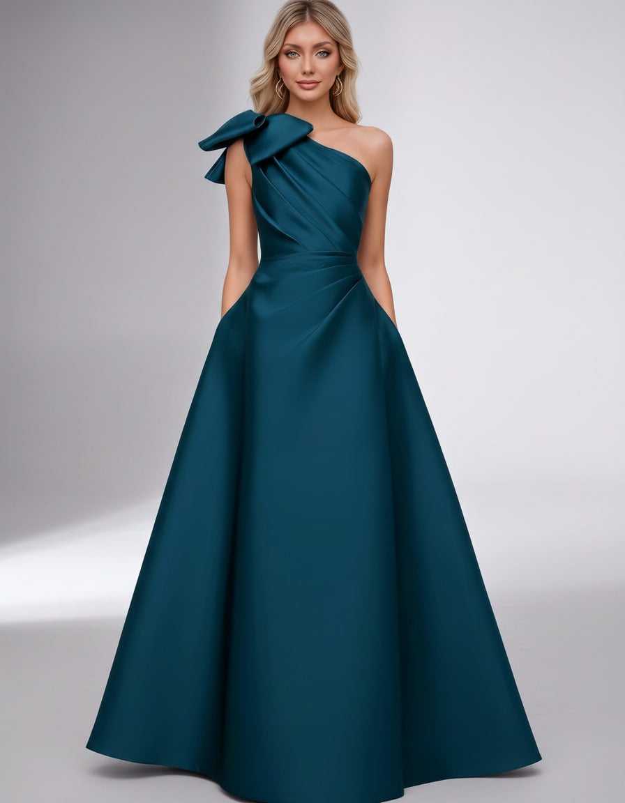 Celestia Maxi Dress by Lauven — satin one shoulder A-line maxi dress with bow