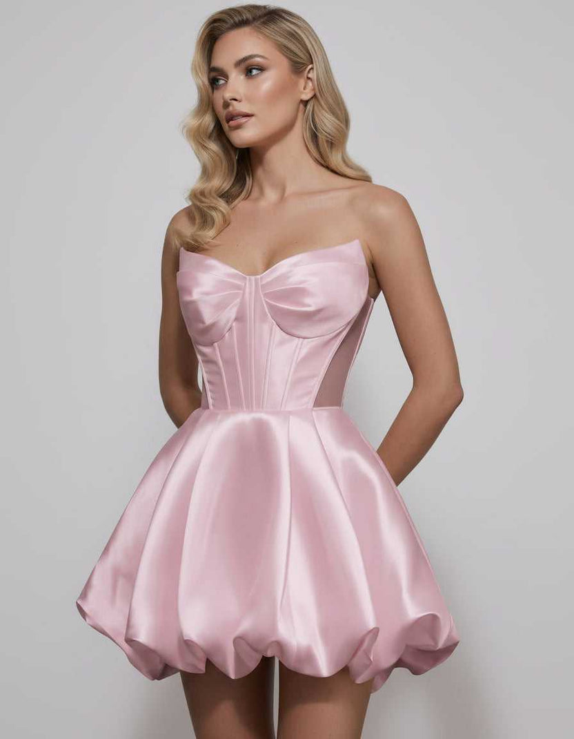 Veloura Mini Dress by Lauven — satin strapless sweetheart A-line mini dress