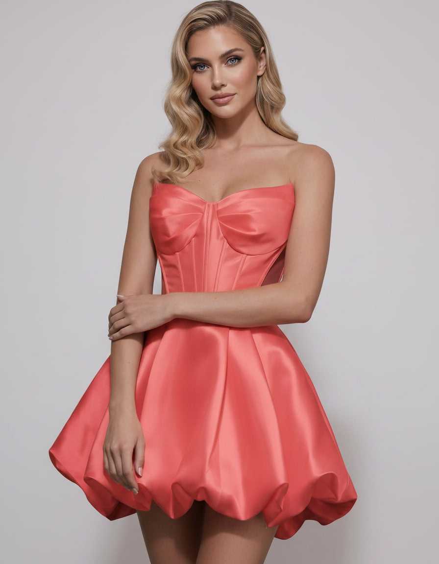 Veloura Mini Dress by Lauven — satin strapless sweetheart A-line mini dress