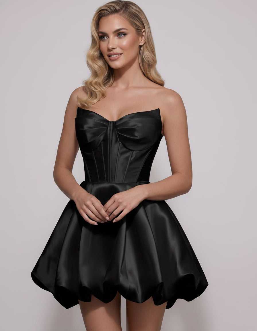 Veloura Mini Dress by Lauven — satin strapless sweetheart A-line mini dress