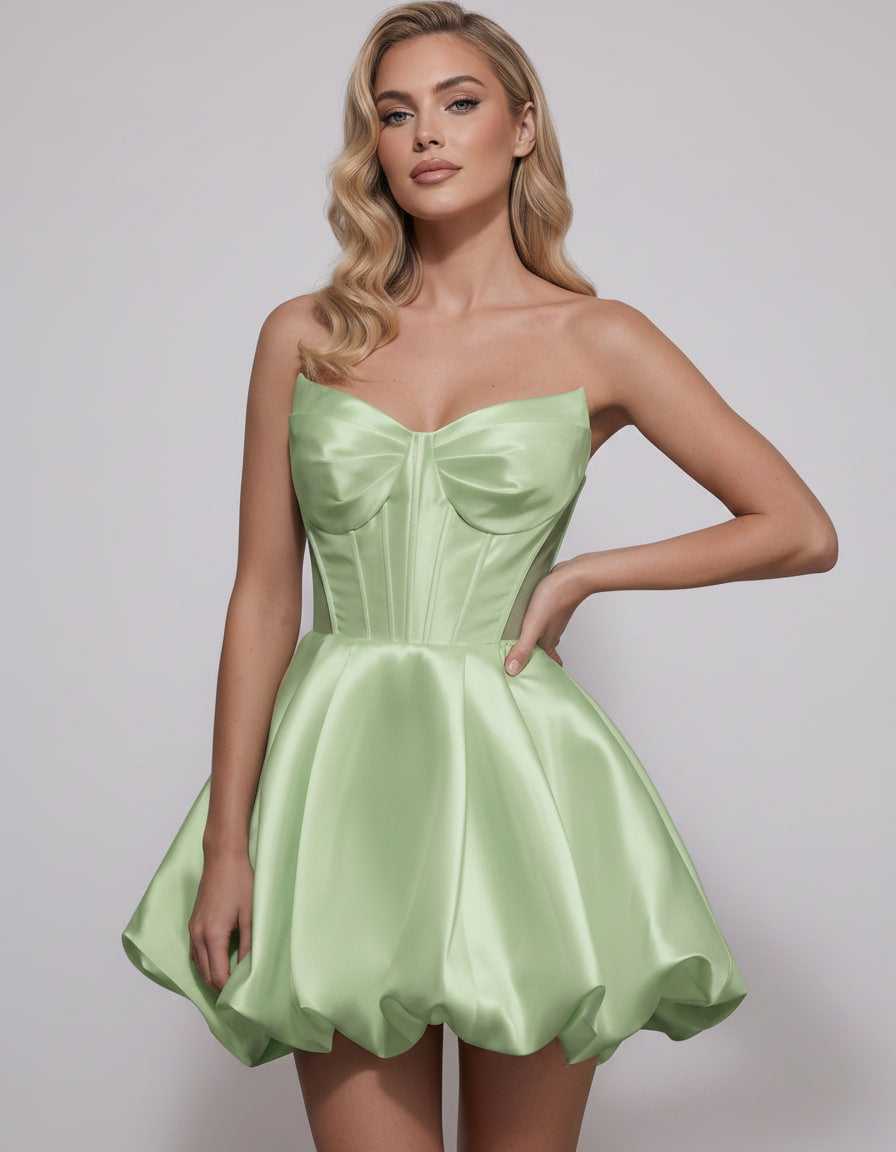Veloura Mini Dress by Lauven — satin strapless sweetheart A-line mini dress
