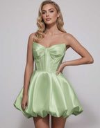 Veloura Mini Dress by Lauven — satin strapless sweetheart A-line mini dress