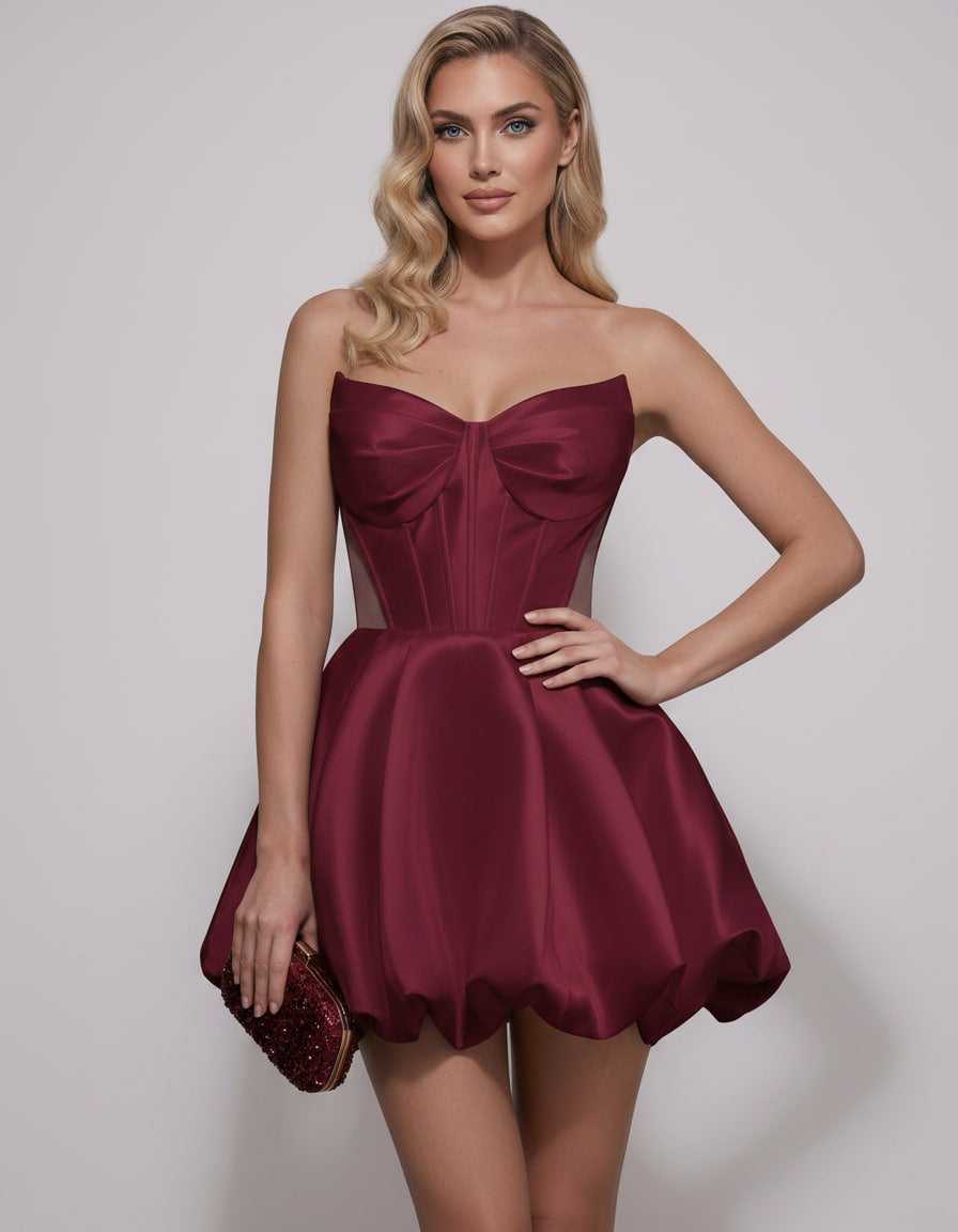Veloura Mini Dress by Lauven — satin strapless sweetheart A-line mini dress
