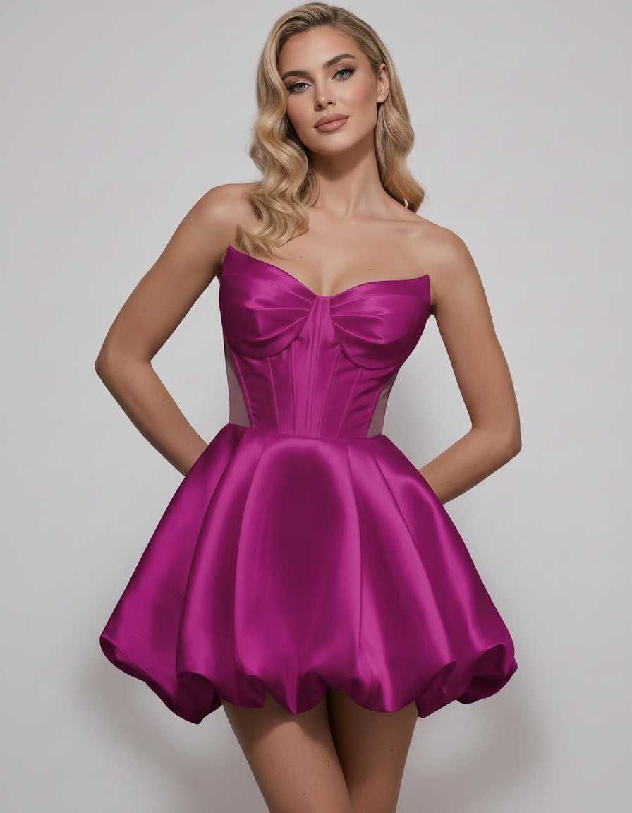 Veloura Mini Dress by Lauven — satin strapless sweetheart A-line mini dress