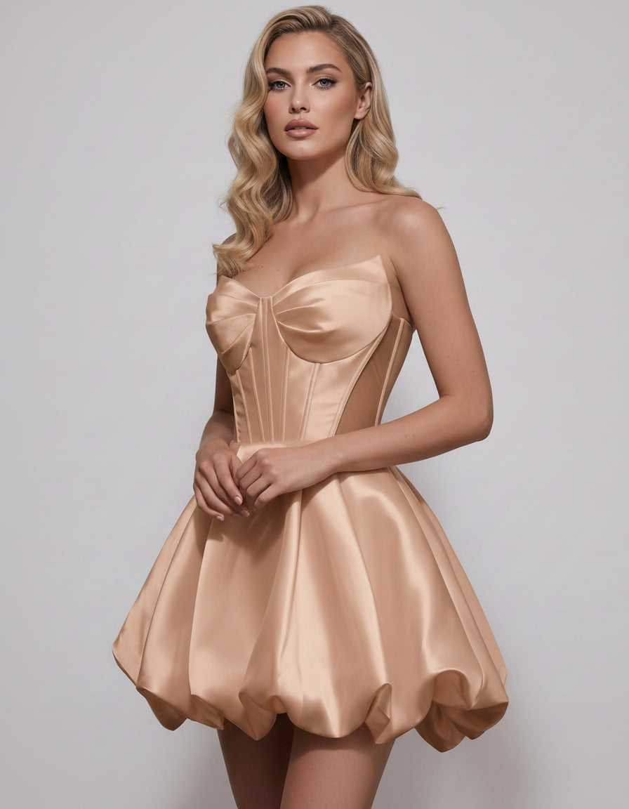Veloura Mini Dress by Lauven — satin strapless sweetheart A-line mini dress
