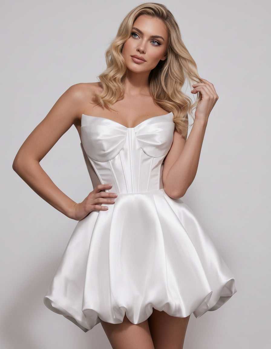 Veloura Mini Dress by Lauven — satin strapless sweetheart A-line mini dress
