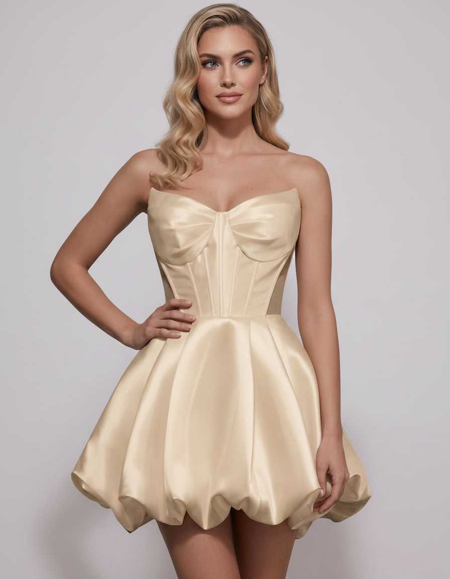 Veloura Mini Dress by Lauven — satin strapless sweetheart A-line mini dress