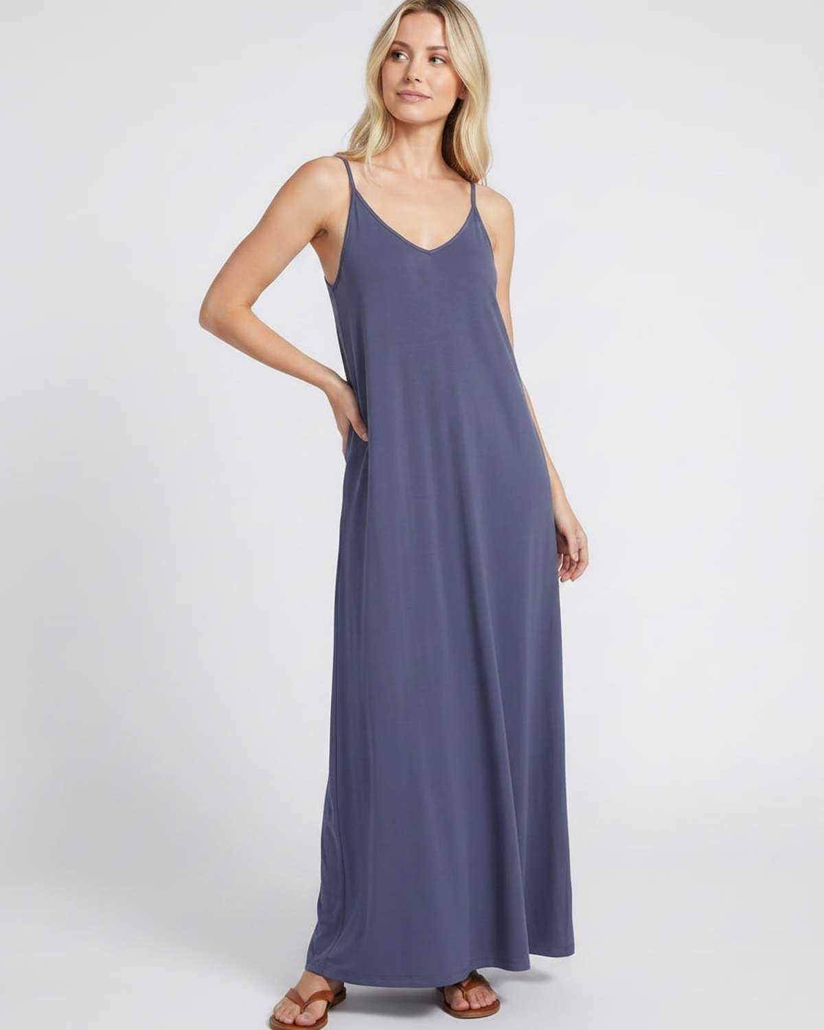 Solenne Maxi Dress by Lauven — soft stretch sleeveless V-neck relaxed A-line maxi dress