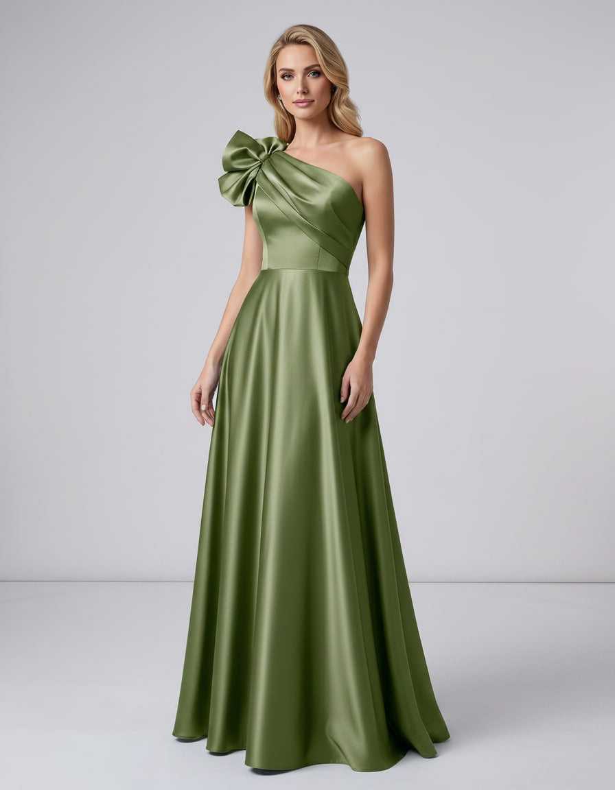 Aurevina Maxi Dress by Lauven — satin one shoulder A-line maxi dress with ruffle detail