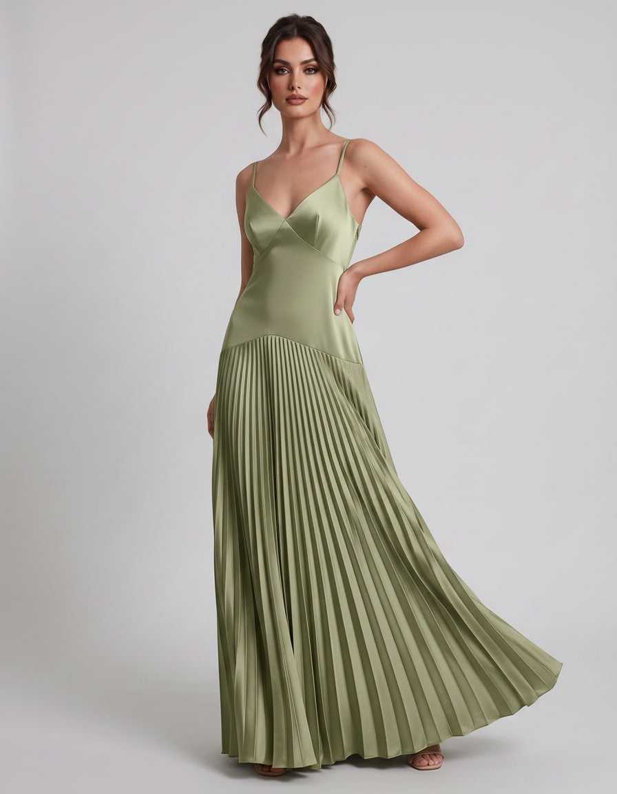 Veloura Maxi Dress by Lauven — satin spaghetti strap V-neck A-line maxi dress