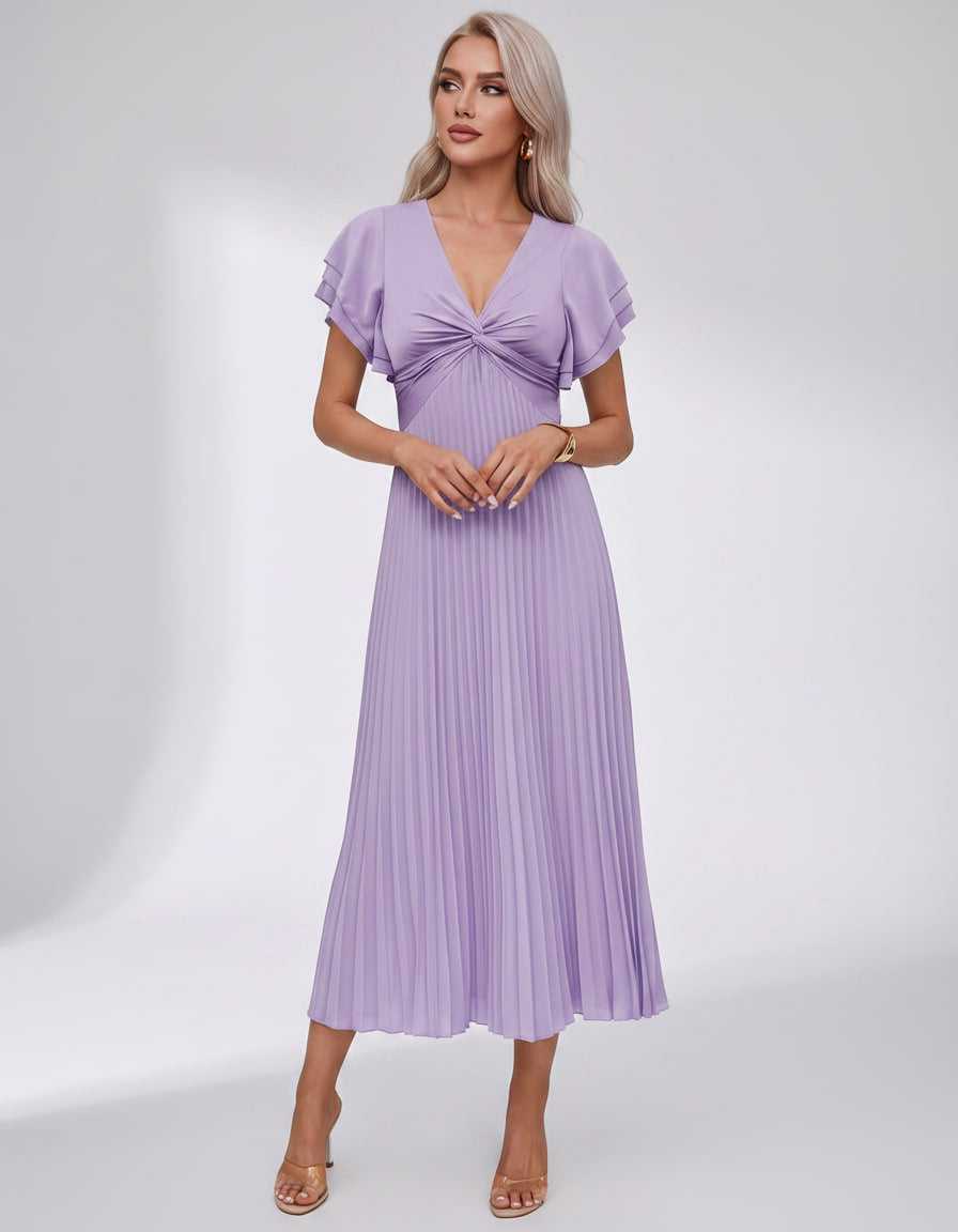 Veloura Midi Dress by Lauven — pleated chiffon flutter sleeve V-neck A-line midi dress