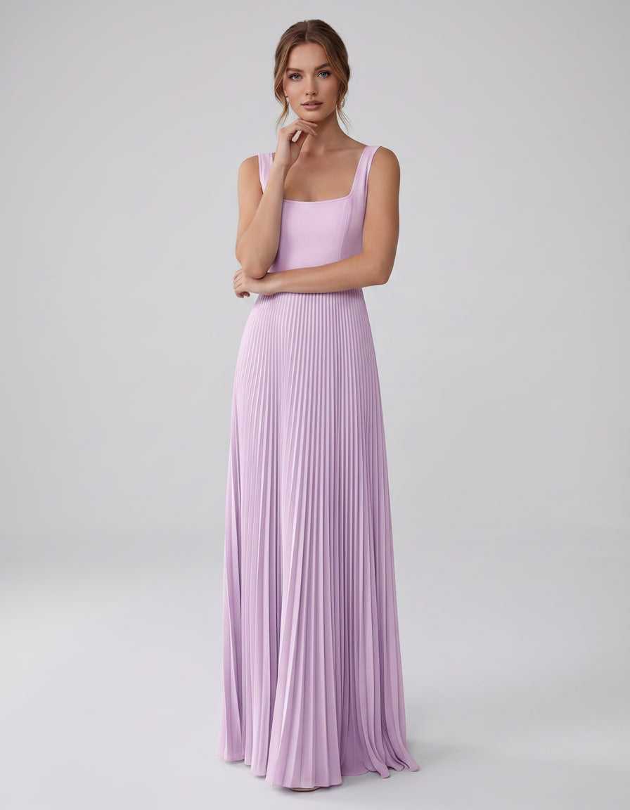 Veloura Maxi Dress by Lauven — satin chiffon sleeveless square neck pleated A-line maxi dress