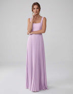 Veloura Maxi Dress by Lauven — satin chiffon sleeveless square neck pleated A-line maxi dress