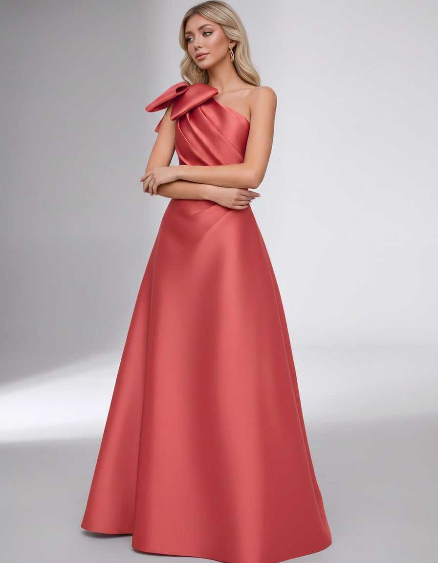 Celestia Maxi Dress by Lauven — satin one shoulder A-line maxi dress with bow