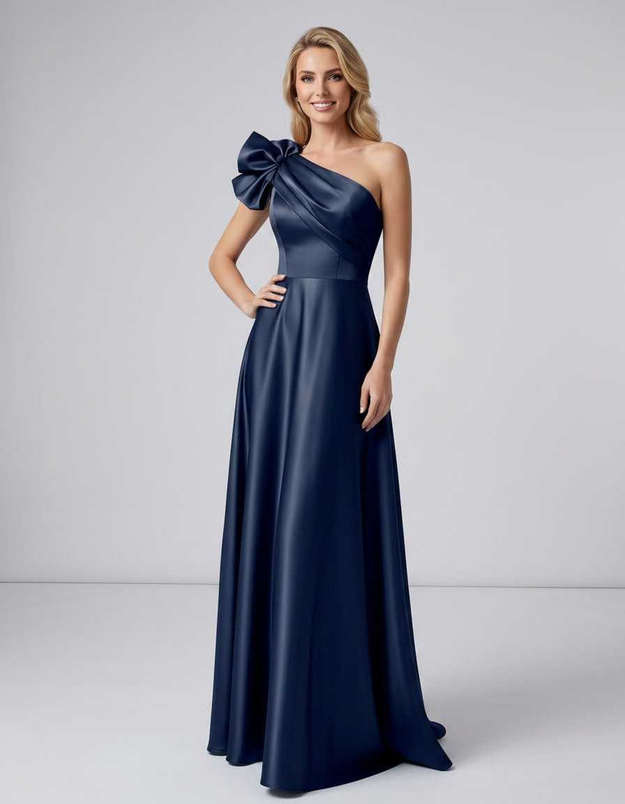 Aurevina Maxi Dress by Lauven — satin one shoulder A-line maxi dress with ruffle detail