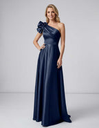 Aurevina Maxi Dress by Lauven — satin one shoulder A-line maxi dress with ruffle detail