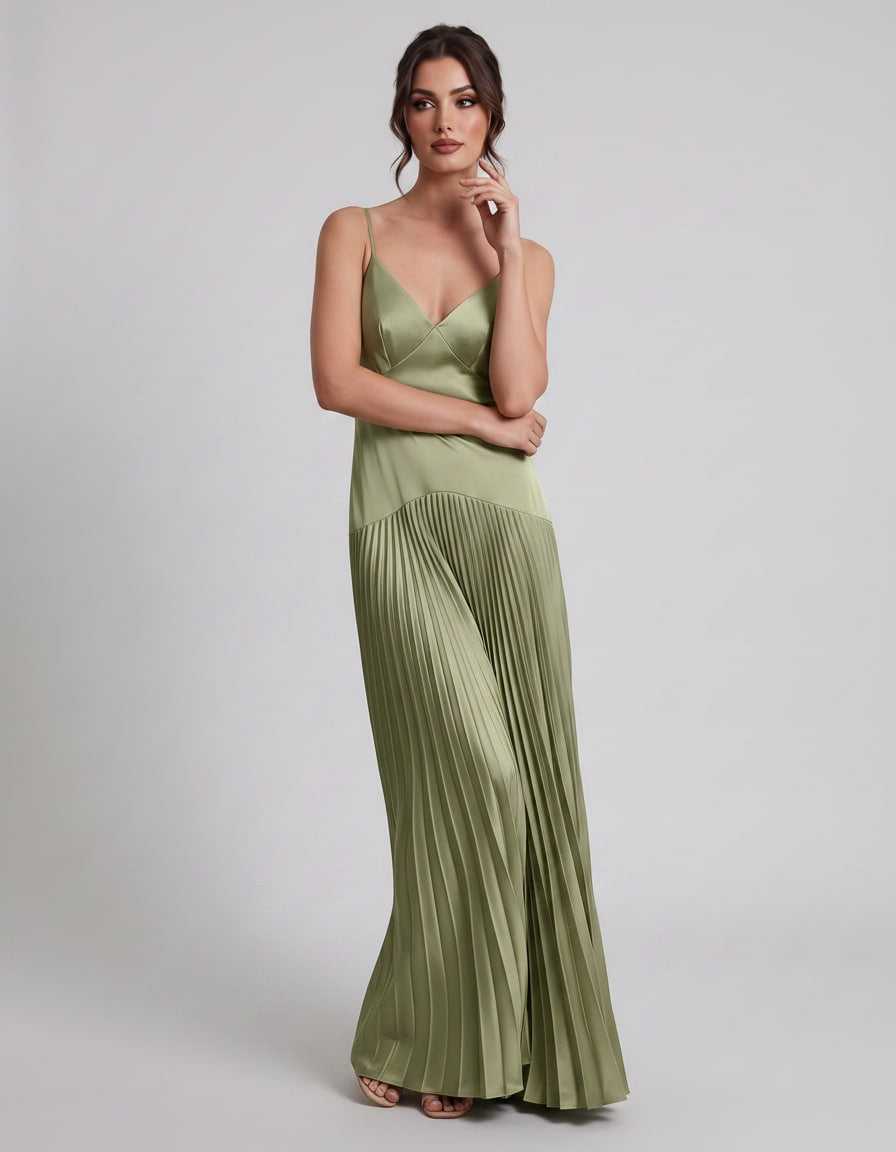 Veloura Maxi Dress by Lauven — satin spaghetti strap V-neck A-line maxi dress