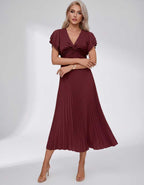 Veloura Midi Dress by Lauven — pleated chiffon flutter sleeve V-neck A-line midi dress