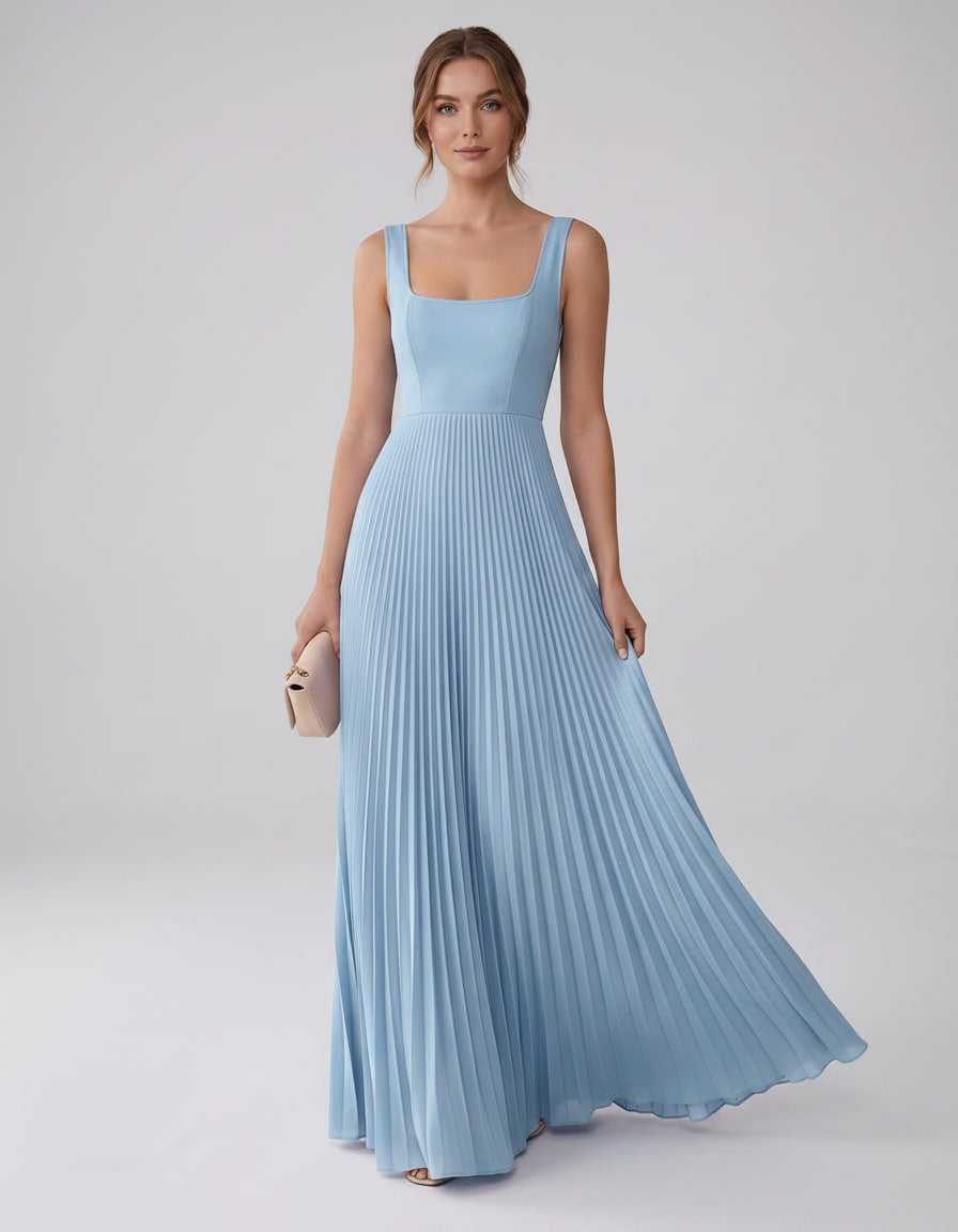 Veloura Maxi Dress by Lauven — satin chiffon sleeveless square neck pleated A-line maxi dress