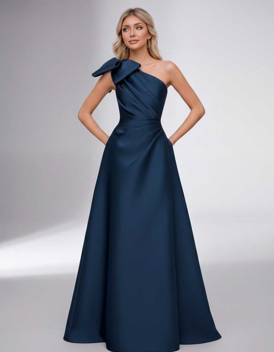 Celestia Maxi Dress by Lauven — satin one shoulder A-line maxi dress with bow