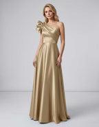 Aurevina Maxi Dress by Lauven — satin one shoulder A-line maxi dress with ruffle detail