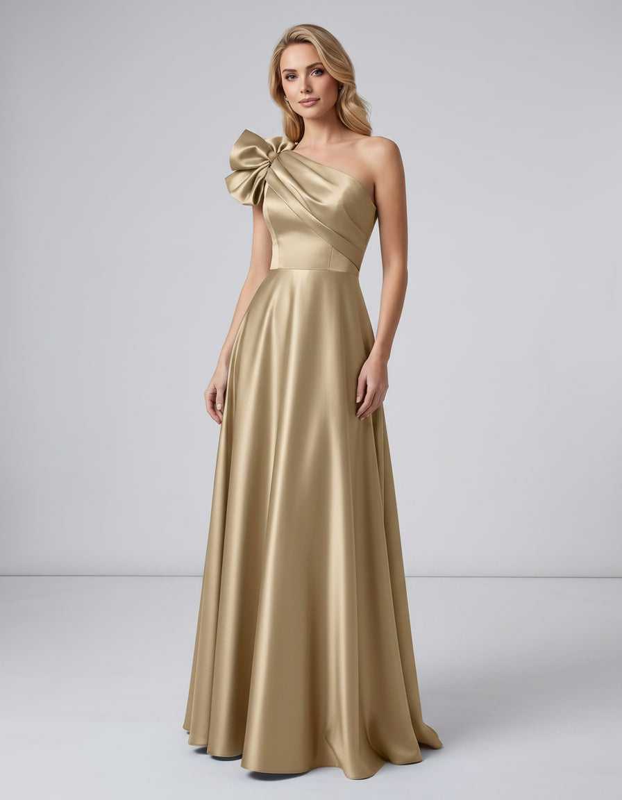 Aurevina Maxi Dress by Lauven — satin one shoulder A-line maxi dress with ruffle detail