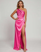 Veloura Maxi Dress by Lauven — satin one-shoulder mermaid maxi dress with slit