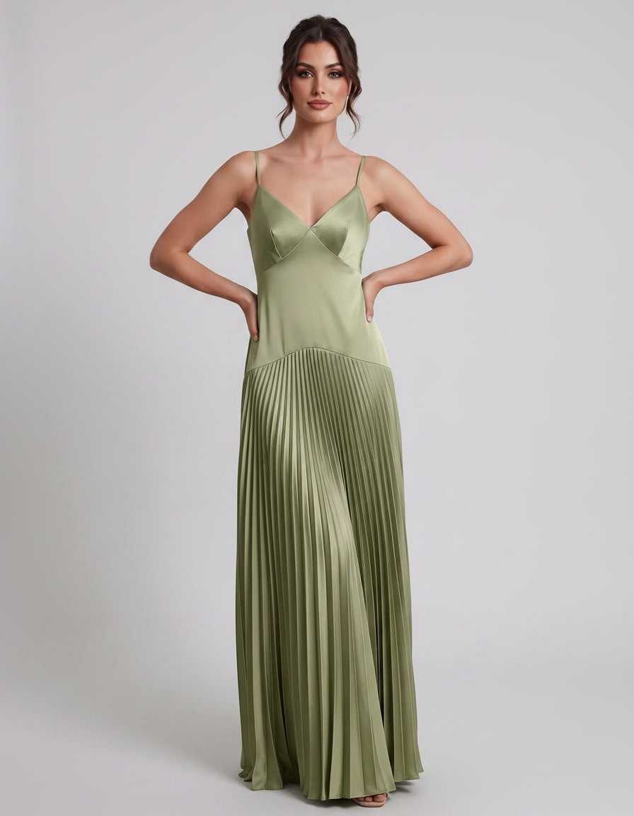 Veloura Maxi Dress by Lauven — satin spaghetti strap V-neck A-line maxi dress