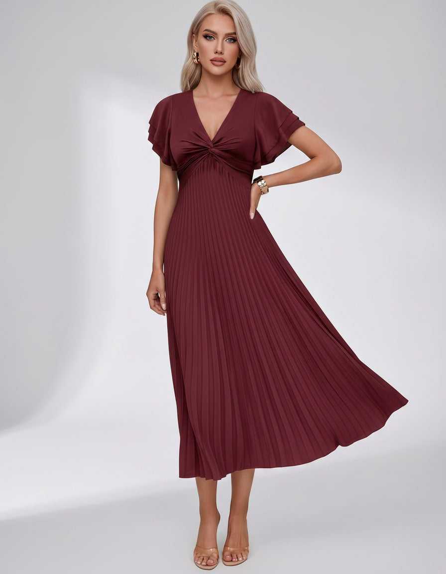 Veloura Midi Dress by Lauven — pleated chiffon flutter sleeve V-neck A-line midi dress