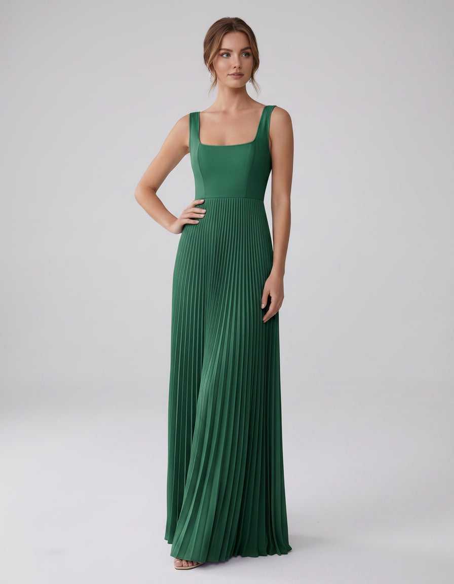 Veloura Maxi Dress by Lauven — satin chiffon sleeveless square neck pleated A-line maxi dress