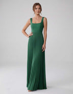 Veloura Maxi Dress by Lauven — satin chiffon sleeveless square neck pleated A-line maxi dress