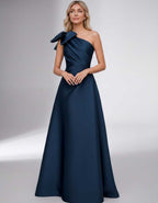 Celestia Maxi Dress by Lauven — satin one shoulder A-line maxi dress with bow